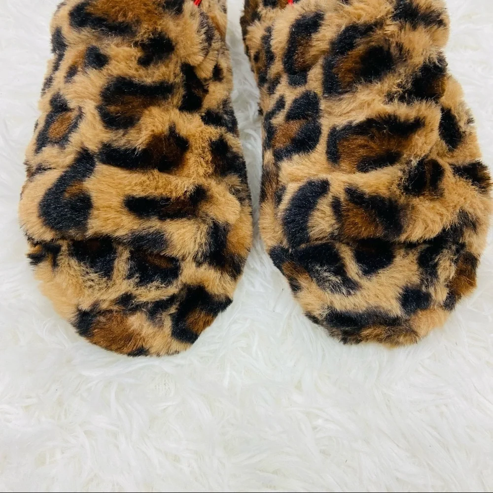 UNBRANDED girls leopard animal print open toe snuggly fleece warm slippers SZ 3